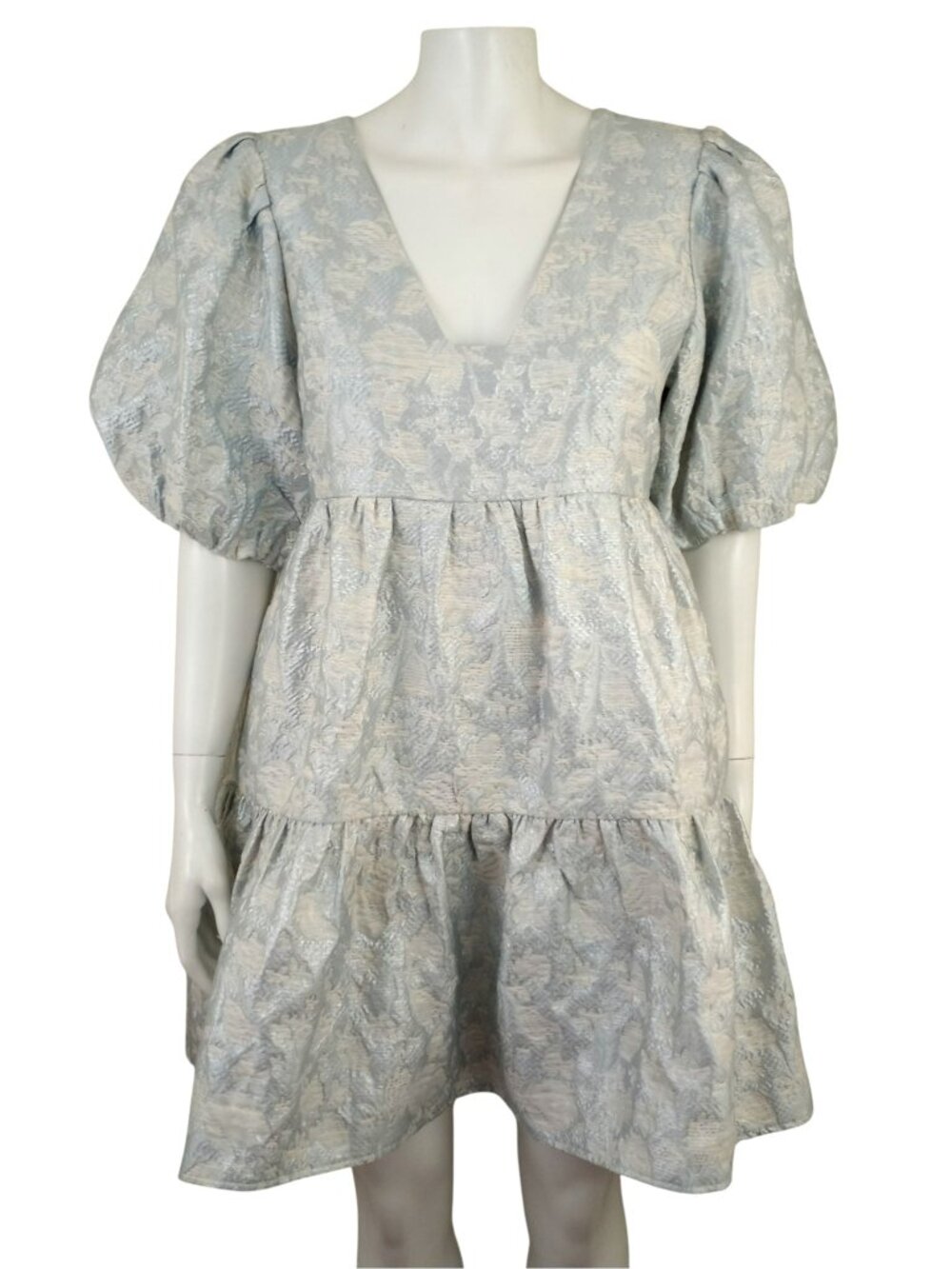 Hausen Blue Jacquard Puff Sleeve Tiered Babydoll Mini Dress Womens M